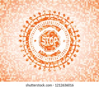 stop icon inside orange tile background illustration. Square geometric mosaic seamless pattern with emblem inside.