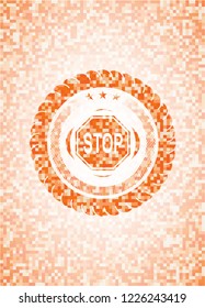 stop icon inside orange tile background illustration. Square geometric mosaic seamless pattern with emblem inside.
