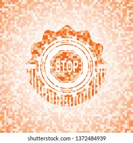 stop icon inside orange tile background illustration. Square geometric mosaic seamless pattern with emblem inside.