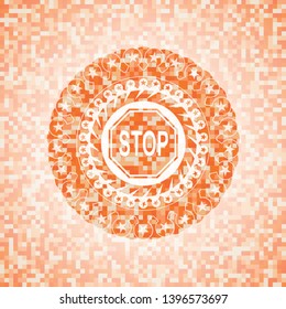 stop icon inside orange tile background illustration. Square geometric mosaic seamless pattern with emblem inside.
