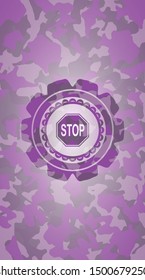 stop icon inside pink camouflaged emblem