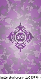 stop icon inside pink and purple camouflage emblem