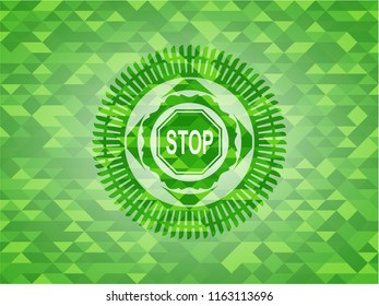 stop icon inside realistic green mosaic emblem