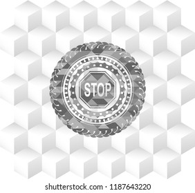 stop icon inside realistic grey emblem with geometric cube white background