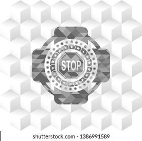 stop icon inside realistic grey emblem with cube white background