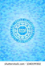 stop icon inside realistic light blue mosaic emblem