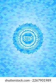 stop icon inside realistic light blue mosaic emblem. 