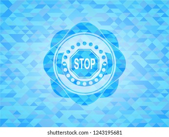stop icon inside realistic sky blue emblem. Mosaic background