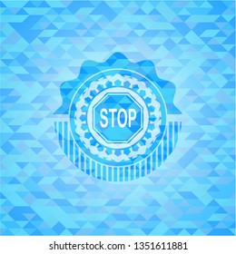 stop icon inside realistic sky blue emblem. Mosaic background