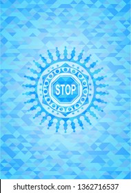 stop icon inside realistic sky blue emblem. Mosaic background