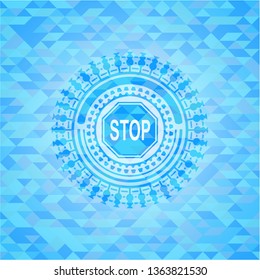 stop icon inside realistic sky blue emblem. Mosaic background
