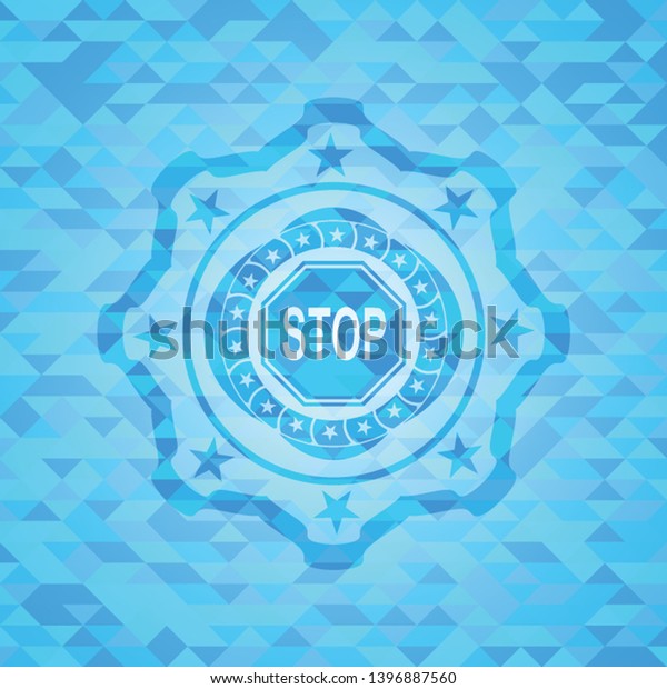 stop icon inside realistic sky blue emblem.\
Mosaic background