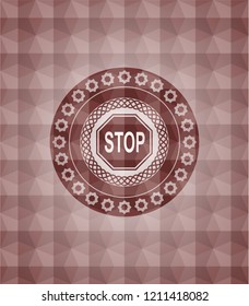 stop icon inside red badge with geometric background.