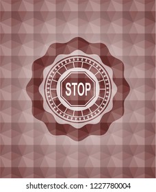stop icon inside red emblem with geometric background. Seamless.