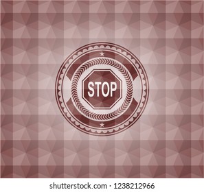 stop icon inside red emblem with geometric pattern. Seamless.