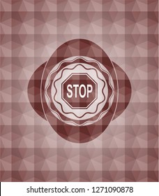stop icon inside red emblem with geometric pattern. Seamless.
