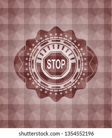 stop icon inside red emblem or badge with abstract geometric polygonal pattern background. Seamless.