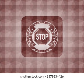 stop icon inside red emblem or badge with abstract geometric pattern background. Seamless.