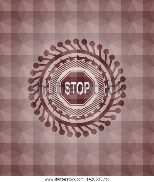 stop icon inside red emblem with geometric\
pattern background.\
Seamless.