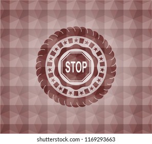 stop icon inside red seamless emblem or badge with abstract geometric polygonal pattern background.