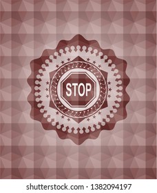 stop icon inside red seamless emblem with geometric pattern.