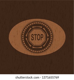 stop icon inside retro style wooden emblem
