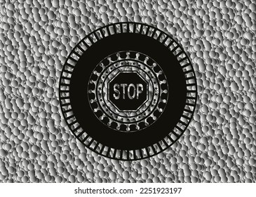 stop icon inside retro style black emblem with grey bubbles background. Vector Illustration. Detailed. 
