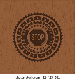 stop icon inside retro wooden emblem