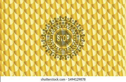 stop icon inside shiny golden emblem. Scales pattern. Vector Illustration. Detailed.
