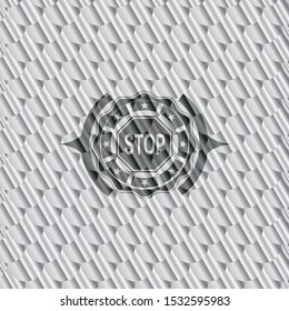 stop icon inside silver color emblem. Scales pattern. Vector Illustration. Detailed.