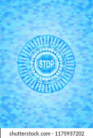 stop icon inside sky blue emblem with triangle mosaic background