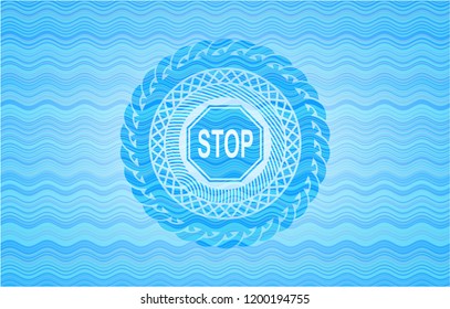 stop icon inside sky blue water wave emblem background.
