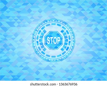 stop icon inside sky blue emblem. Mosaic background