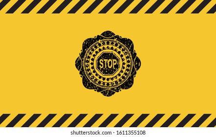 stop icon inside warning sign, black grunge emblem. Vector Illustration. Detailed.