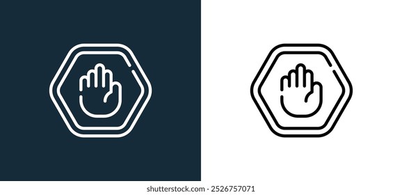 Icono de Vector lineal de contorno de parada aislado en colores blanco y negro de colección de peligro para App móviles, Web y UI.