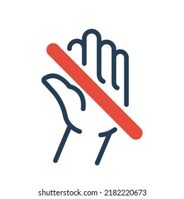 Stop icon. No entry gesture hand. Forbidding red sign. Warning of danger. Prohibited activities. Vector illustration flat design. Isolated on white background. Palm as symbol caution.