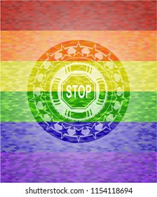 stop icon on mosaic background with the colors of the LGBT flag