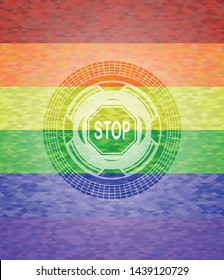 stop icon on mosaic background with the colors of the LGBT flag