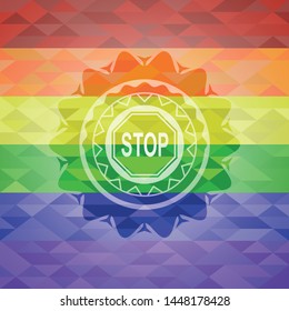 stop icon on mosaic background with the colors of the LGBT flag