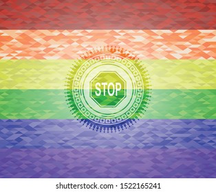 stop icon on mosaic background with the colors of the LGBT flag