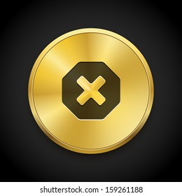 Stop icon on on round golden button. Vector background. 