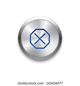 Stop icon on on round silver button. Vector background. 