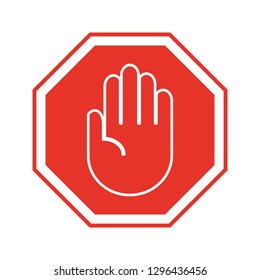 stop icon. red octagonal sign with open palm, hand, on white background. prohibition, taboo, danger. vector illustration.