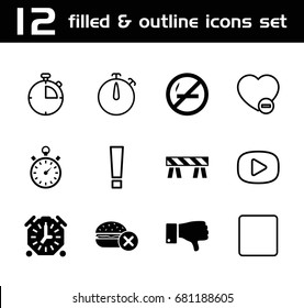 Stop icon. set of 12 stop filled and outline icons such as no fast food, barrier, dislike, stopwatch, minus favorite, stop, play, no smoking