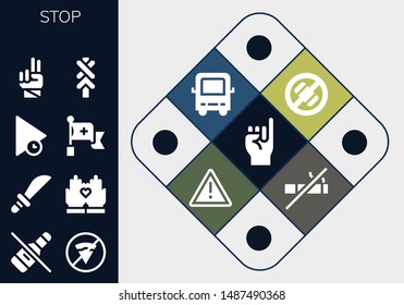 stop icon set. 13 filled stop icons.  Collection Of - Promise, No alcohol, No fast food, Weapons, Hands, Play, Red cross, Hand, Road sign, No phone, Bus, Warning, smoking