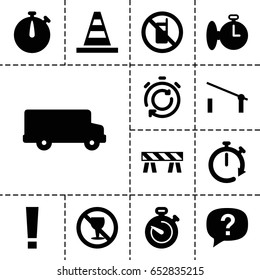 Stop icon. set of 13 filled stopicons such as barrier, no phone, cone, no alcohol, stopwatch, exclamation, bus