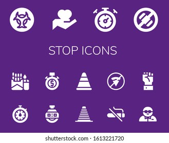 stop icon set. 14 filled stop icons. Included Biohazard, Hand, Stopwatch, No phone, Cigarette, Stopclock, Cone, No smoking, No fast food, Bodyguard icons