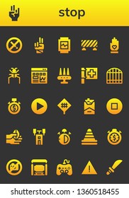 stop icon set. 26 filled stop icons.  Simple modern icons about  - No smoking, Hand, Watch, Barrier, Parasite, Traffic, Weapon, Red cross, Gate, Stopwatch, Play, Road sign, Cigarette