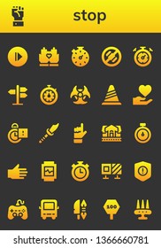 stop icon set. 26 filled stop icons.  Simple modern icons about  - Play, Hand, Hands, Stopwatch, No phone, Road sign, Biohazard, Cone, Stopclock, Weapon, Train station, Watch