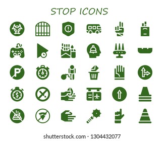 stop icon set. 30 filled stop icons.  Simple modern icons about  - Biohazard, Gate, Warning, Bus, Hand, Cigarettes, Play, Cigarette, Alert, Weapon, Ashtray, No parking, Stopclock